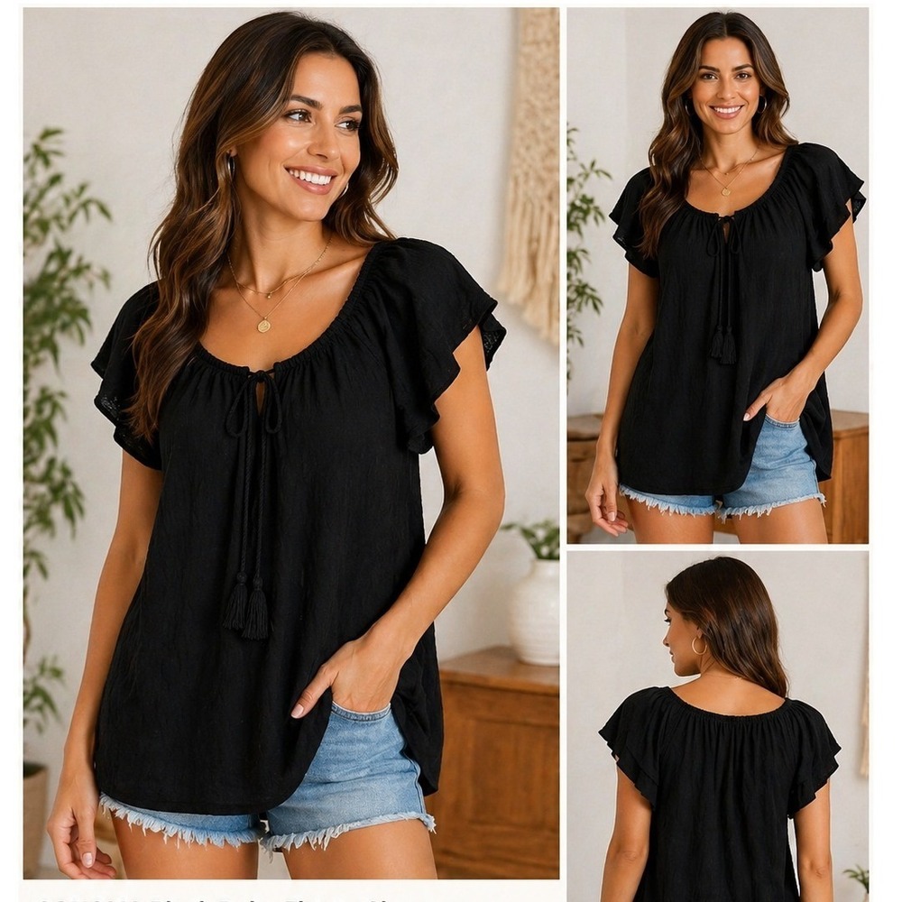 Aqua Off Shoulder Mini Dress Womens S Black Boho Peasant Ruffle Tassel Summer